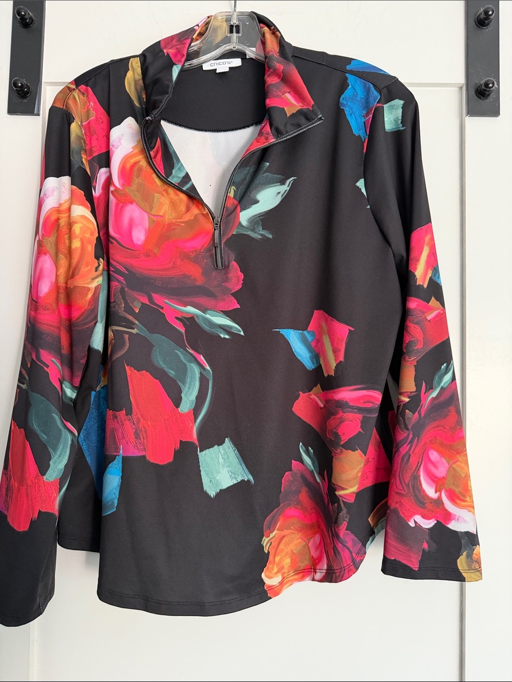 Chico's Black Floral Quarter-Zip Pullover with Multicolor Brushstrokes